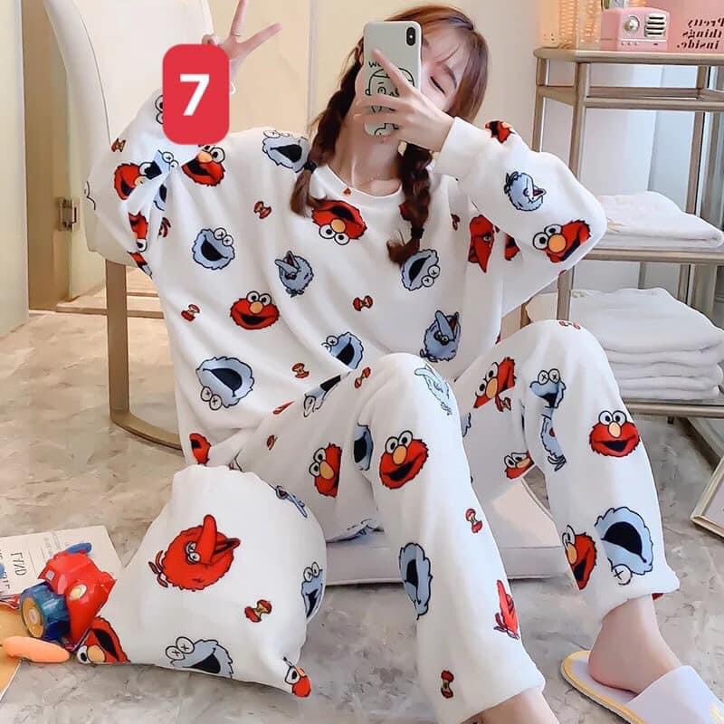 Bộ ngủ bông dài tay cute cho nữ form thụng hình đáng yêu, chất lông mềm mịn 2 mặt, dày dặn siêu ấm