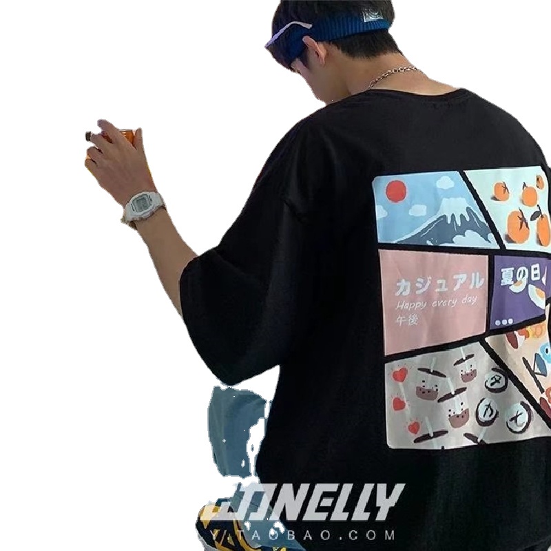 Áo thun 100% cotton tay ngắn dáng rộng in họa tiết hoạt hình phong cách Nhật Bản cho nam và nữ size M-3XL