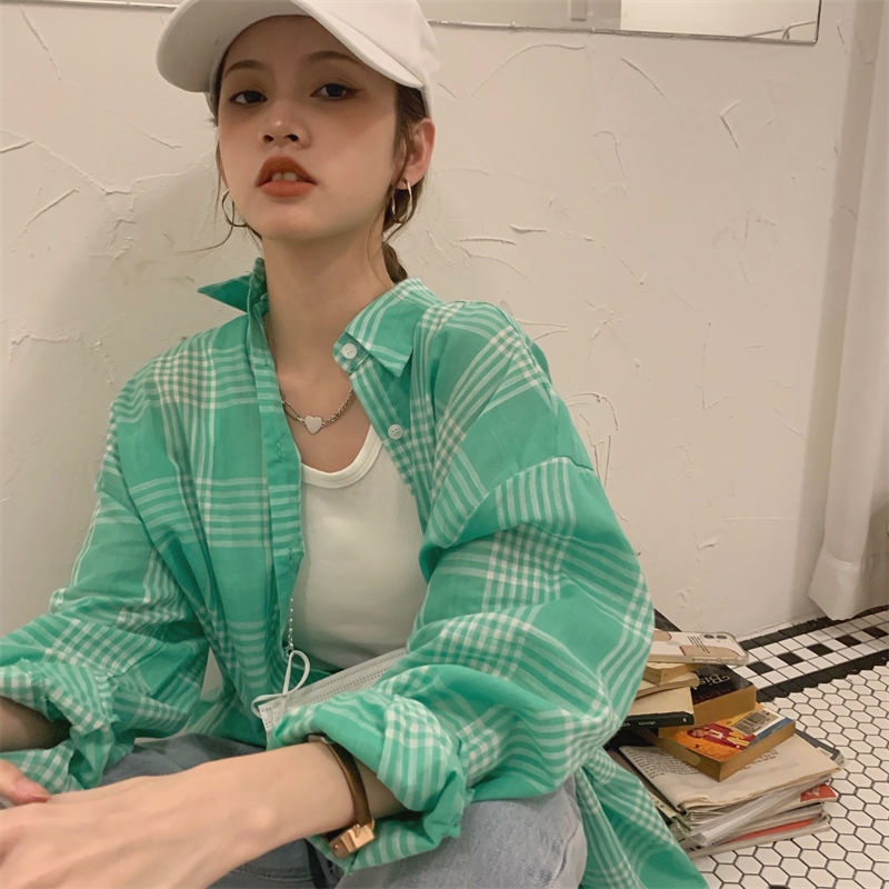 Áo sơ mi tay dài dáng rộng họa tiết sọc caro phong cách Hàn Quốc thời trang cho nữ