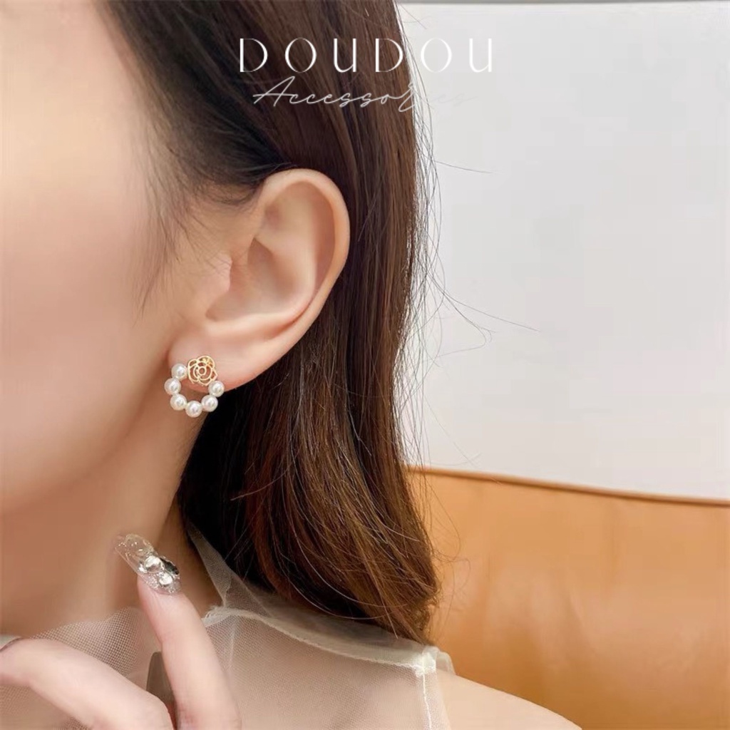 Bông tai ngọc trai nhân tạo DOUDOU Khuyên hoa tai nữ phong cách Hàn Quốc chất liệu bạc 925 thời trang EH020