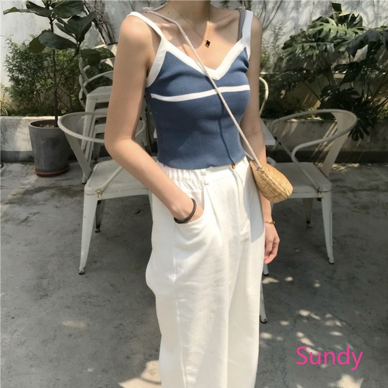 Áo Hai Dây Dệt Kim Cổ Chữ V Thời Trang Mùa Hè Cho Nữ