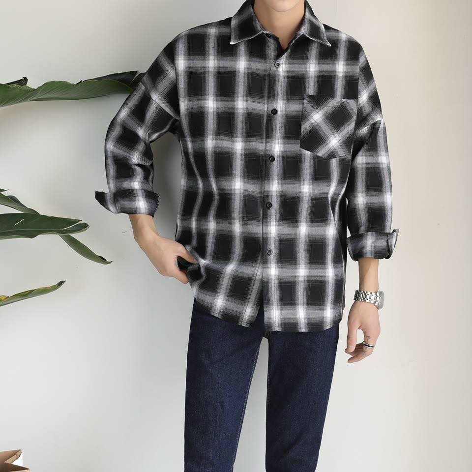 Áo sơ mi Flannel sọc caro hình in sắc nét khoác sơ mi chất dày chống nắng nam nữ đều mặc được