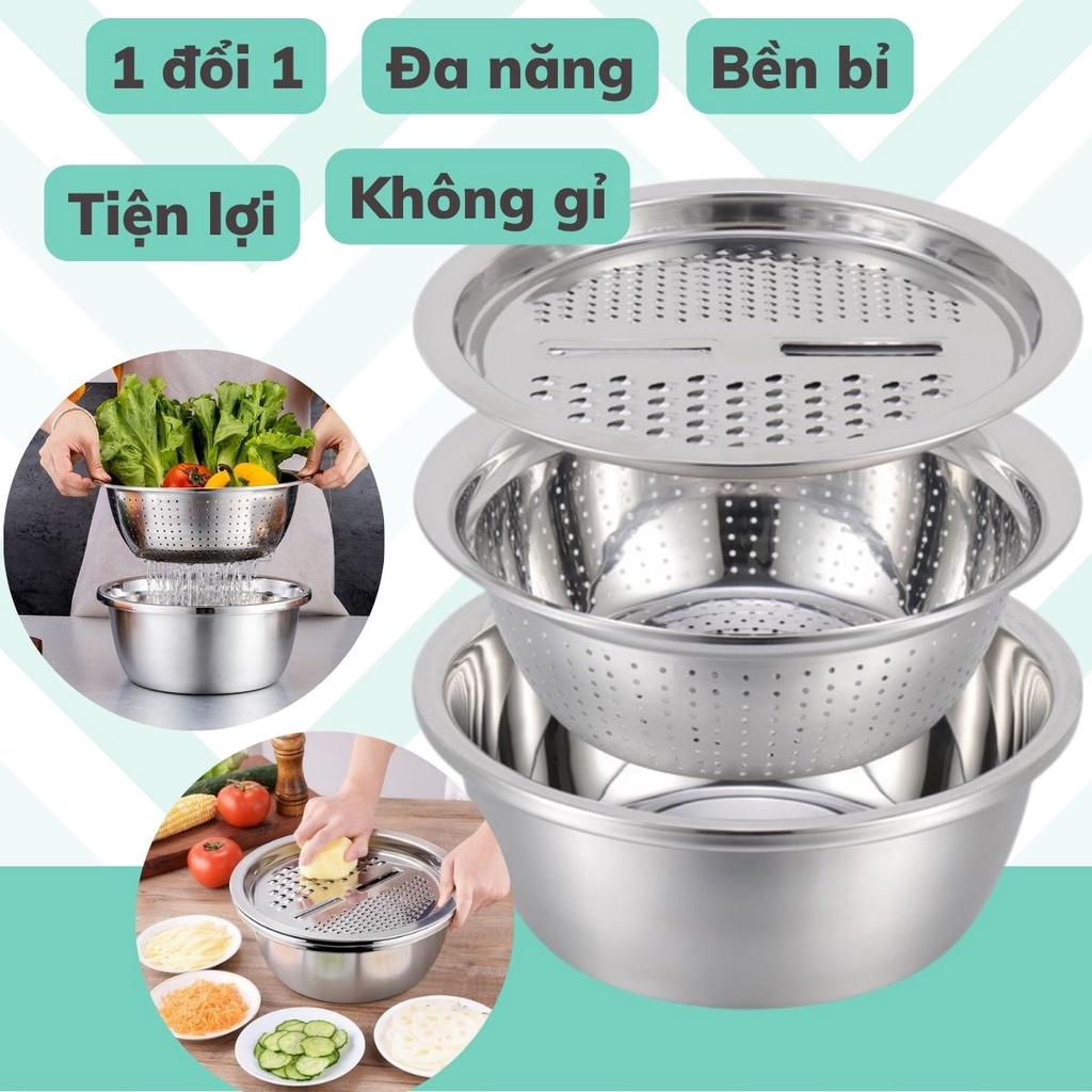 Bộ bào rau củ đa năng 3 món Inox 304 bên đẹp không rỉ - Bộ thau rổ  bào rau củ chất liệu cao cấp nhiều chức năng