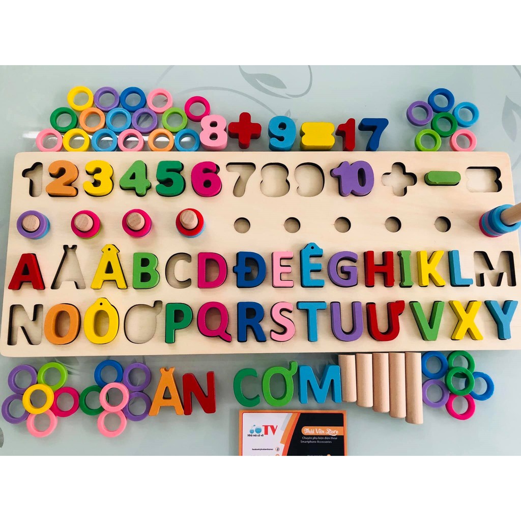 Cột thả vòng ghép hình học chữ cái tiếng việt số đếm phép toán bằng gỗ đồ chơi