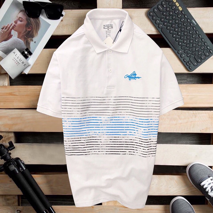Áo thun nam POLO trơn vải cá sấu muối cao cấp ngắn tay cổ bẻ nhiều màu - Adventure in sọc