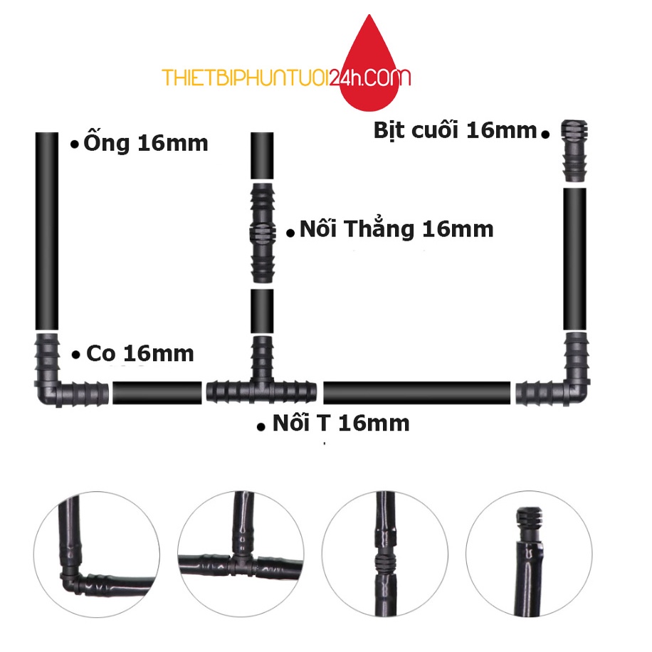 Tổng hợp phụ kiện ống LDPE 16mm co nối khớp nối bịt cuối - MHL