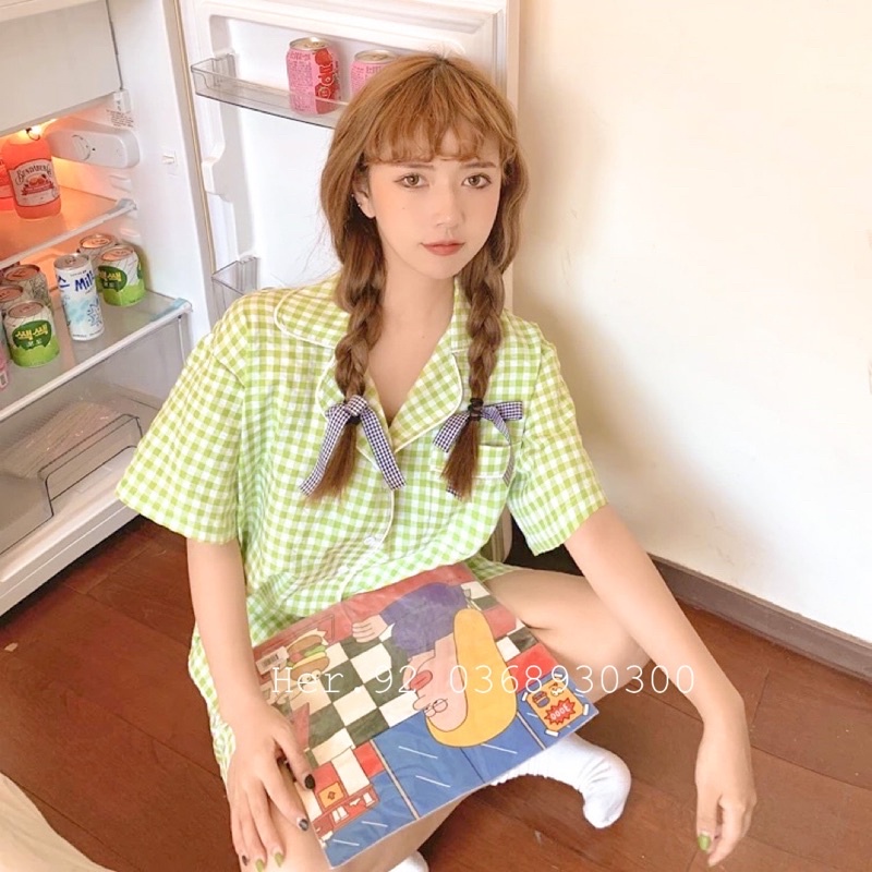 Bộ pijama kẻ ô quần đùi áo cộc mặc nhà siêu xinh đồ ngủ phong cách Hàn quốc