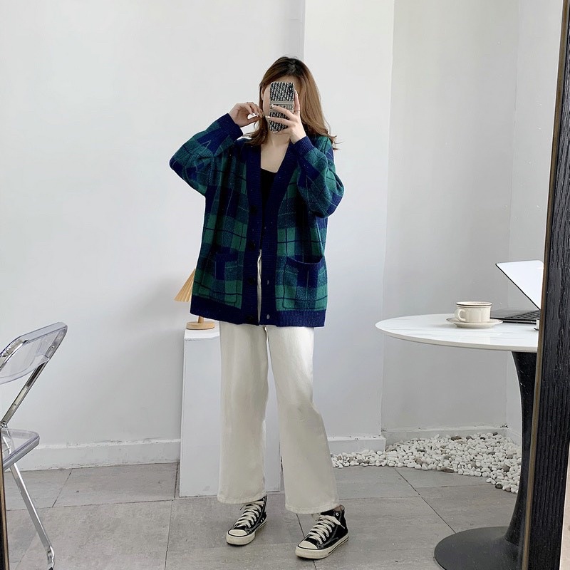 Áo Khoác Len Cardigan Hoạ Tiết Kẻ Ô Hàng Quảng Châu Cao Cấp