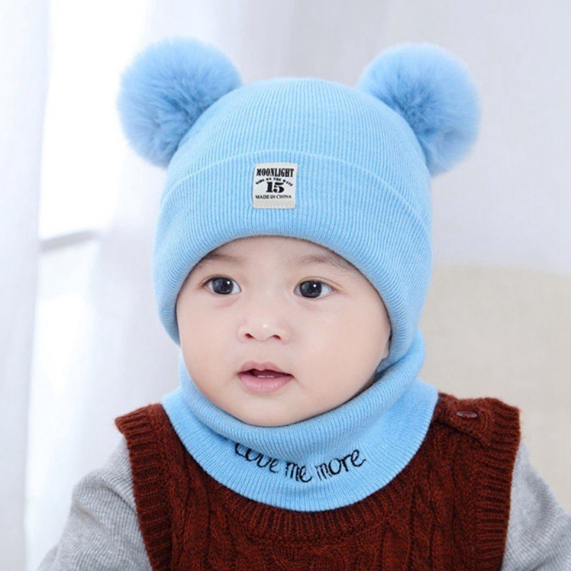 Mũ dệt kim phối bóng xù kép và khăn choàng giữ ấm cho bé