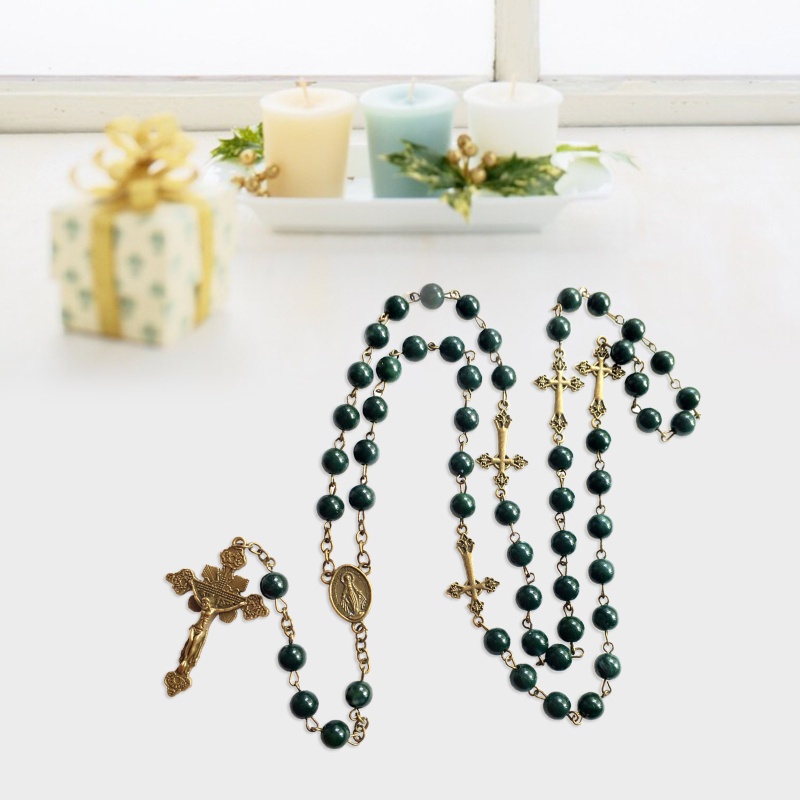 Youyo Vòng cổ Chuỗi Hạt Ngọc Trai Mặt Chữ Y Màu Xanh Lá Phối Huy Chương &amp; Thánh Giá Làm Quà Tặng Cho Nam Và Nữ