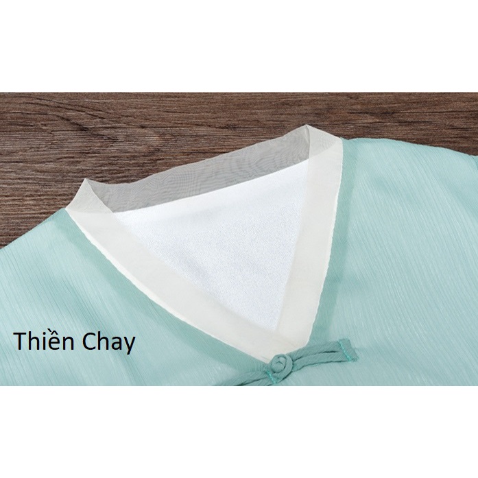 Quần áo phật tử Đồ đi lễ chùa Tập thiền Yoga - Bộ nữ cổ tròn xanh Thiên Thanh vải tơ đũi mềm 2 lớp Tà dào