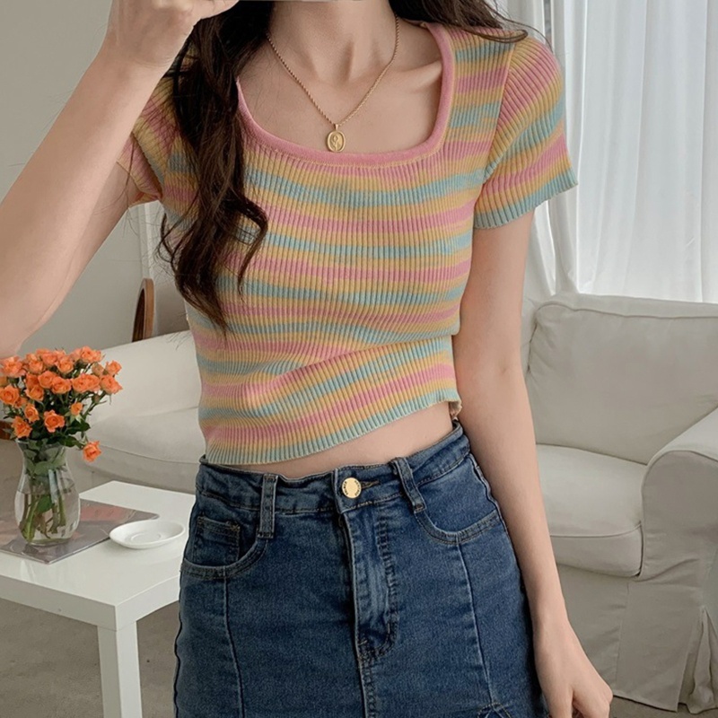 Áo Thun Croptop Ngắn Tay Cổ Vuông Họa Tiết Kẻ Sọc Màu Tương Phản Thời Trang Cho Nữ