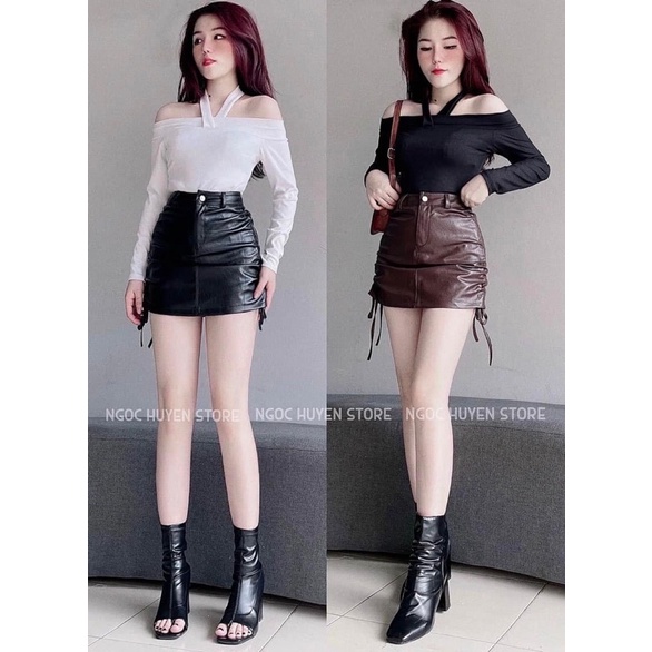 Chân váy da chữ a dáng ngắn dây rút 2 bên có quần lót trong mã Fashion3286