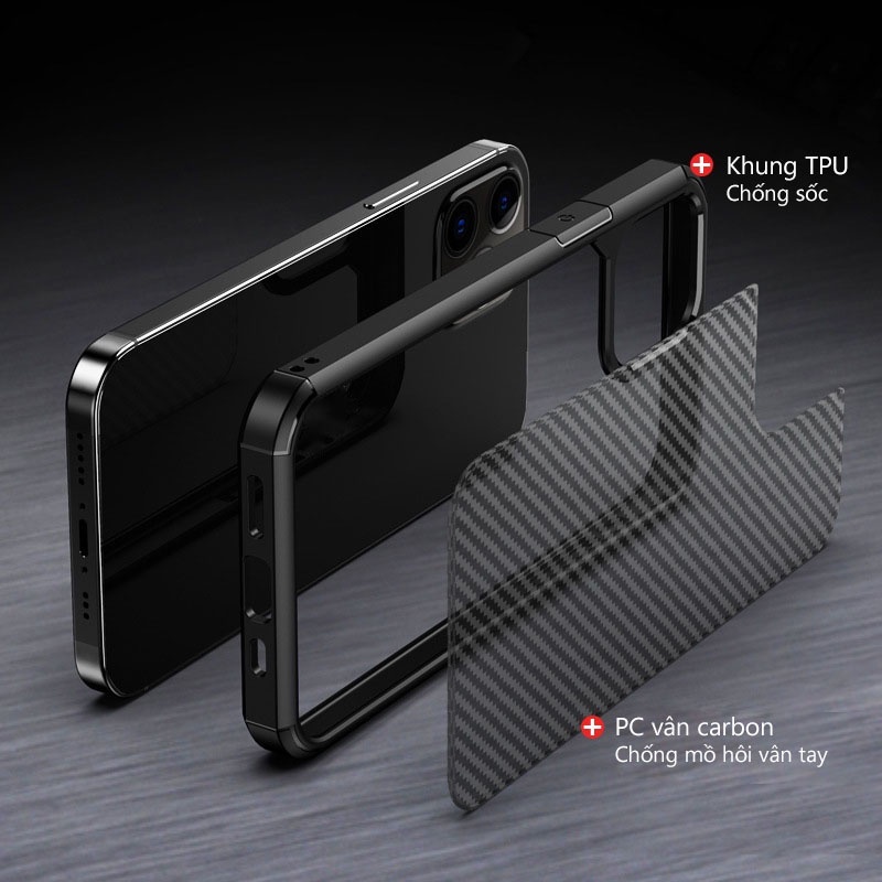 Ốp lưng IPAKY iPhone 12 / Mini / 12 Pro / Max, Viền TPU, Chống sốc,  Mặt lưng vân Carbon trong