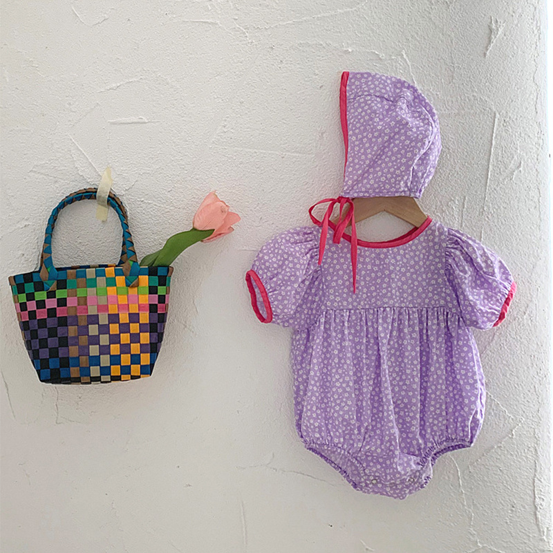 Bộ Áo Liền Quần Tay Ngắn In Hoa + Mũ Thời Trang Mùa Hè Dễ Thương Cho Bé Gái Sơ Sinh