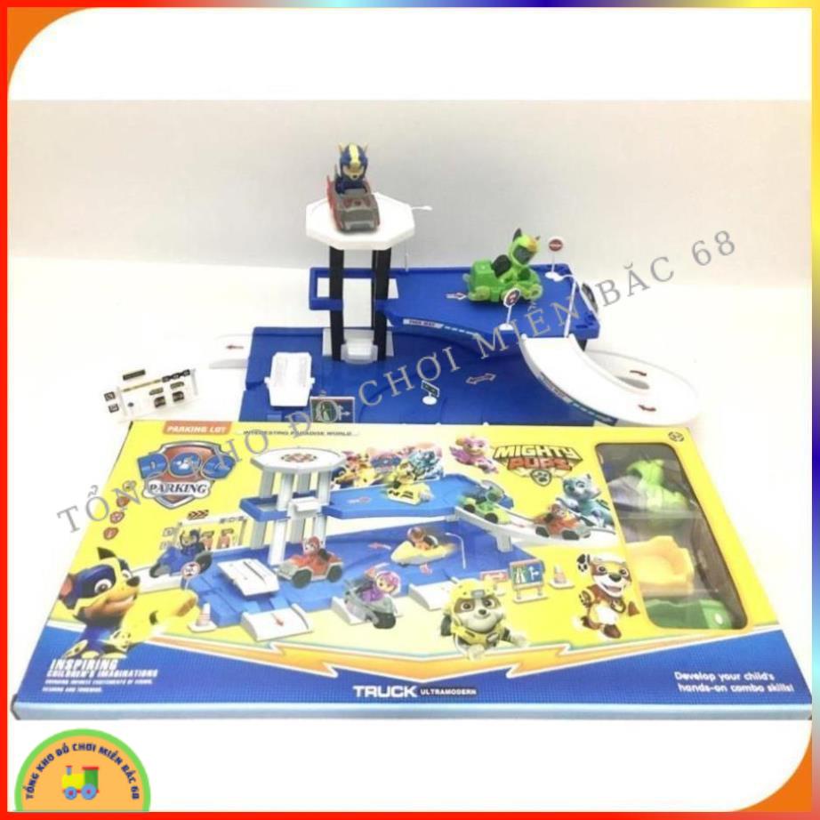 Tháp canh phòng đồ chơi chó cứu hộ Paw Patrol và mô hình lắp ráp cầu trượt bãi đỗ sân bay 2 tầng có thang máy Parkinglot