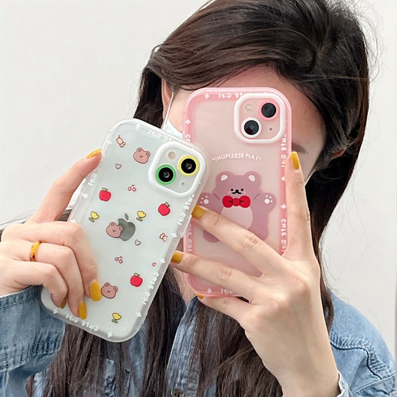 Túi khí Túi khí Bảo vệ máy ảnh bóng Ốp lưng mềm cho IPhone Xr Xs Max Ip Apple IPhone 11 12 13 Pro Max Girl Quà tặng nữ Ốp lưng silicon Vỏ điện thoại hình gấu hồng đáng yêu Shin Case Bumper