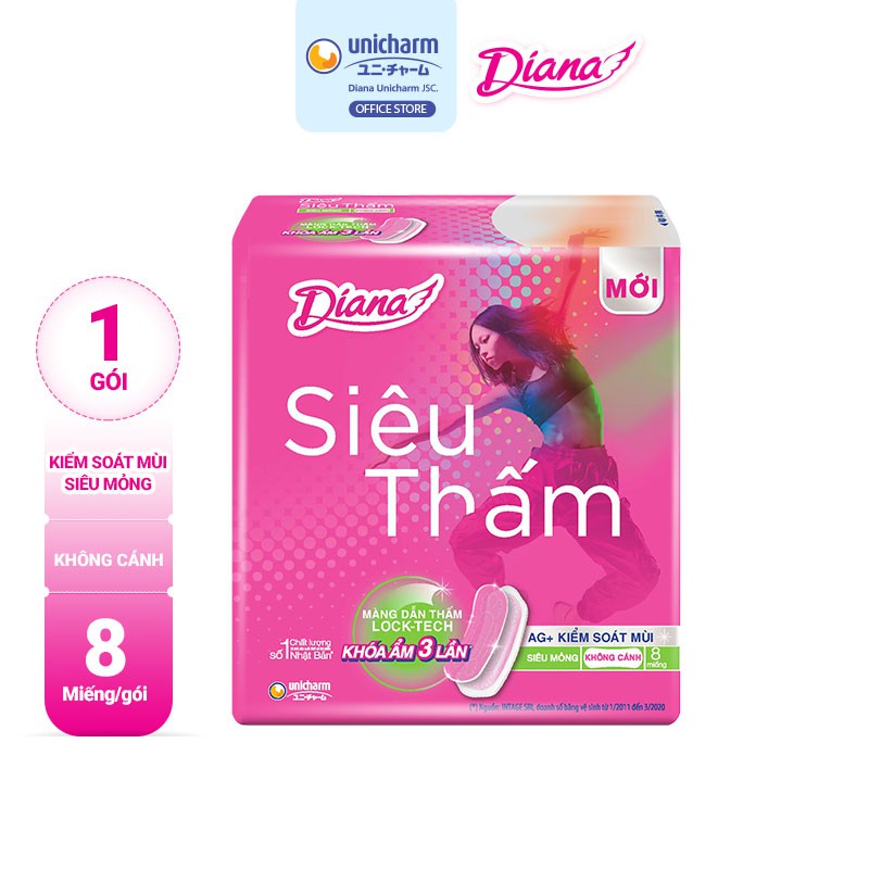 Combo 6 Gói Băng Vệ Sinh Diana Siêu thấm Siêu mỏng không cánh (Gói 8 Miếng)