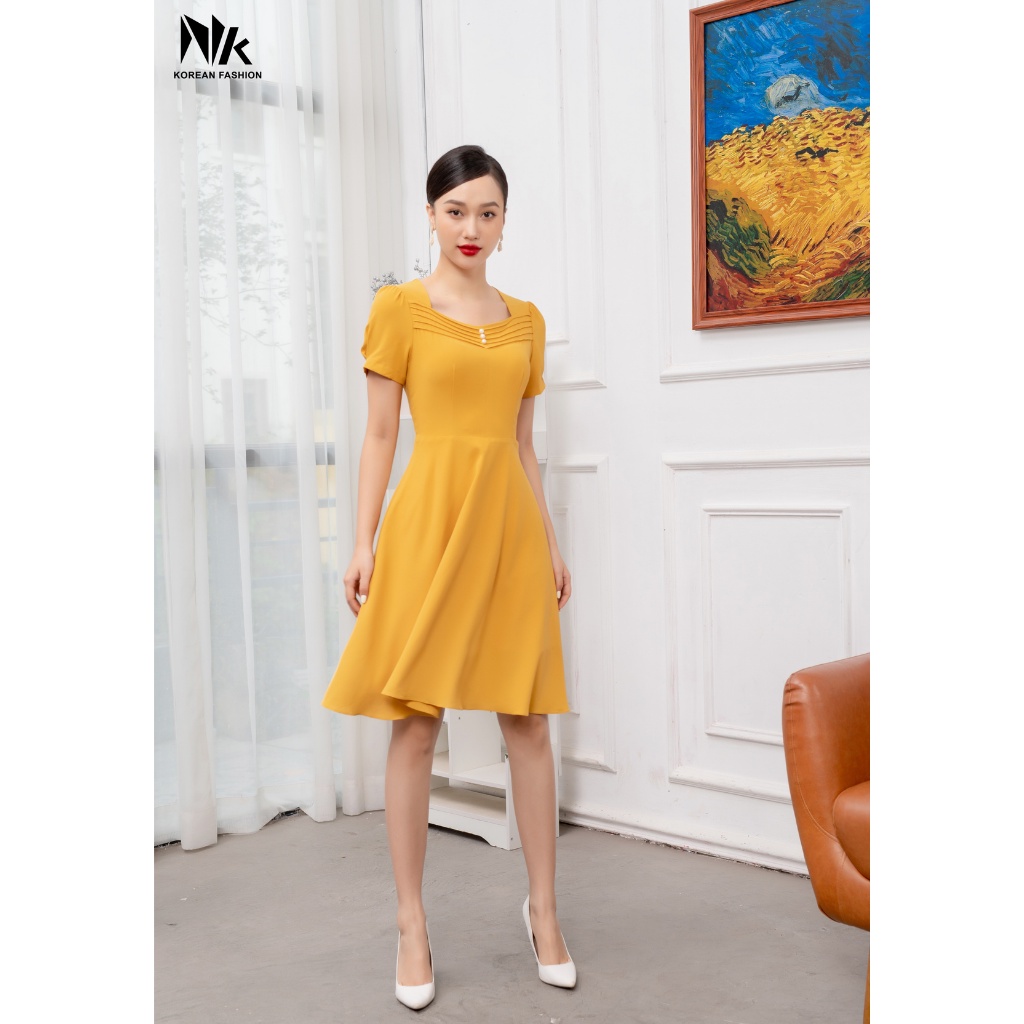 Váy Công Sở Dáng Xòe NK Fashion Thiết Kế Cổ Váy Đính Ngọc, Kiểu Dáng Basic Hiện Đại NKDV2104014