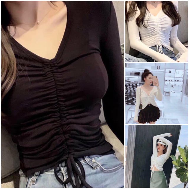 Áo dài tay dáng croptop rút dây trước cổ tim áo body sang chảnh Annastore