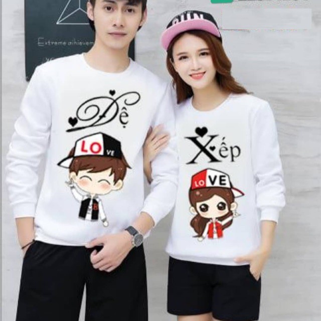 Combo 2 Chiếc Áo Cặp Đôi Thu Đông Nam Nữ Tình Yêu Siêu Xinh Cute Dài Bo Tay Cổ Tròn Cotton Da Cá In Xếp Đệ