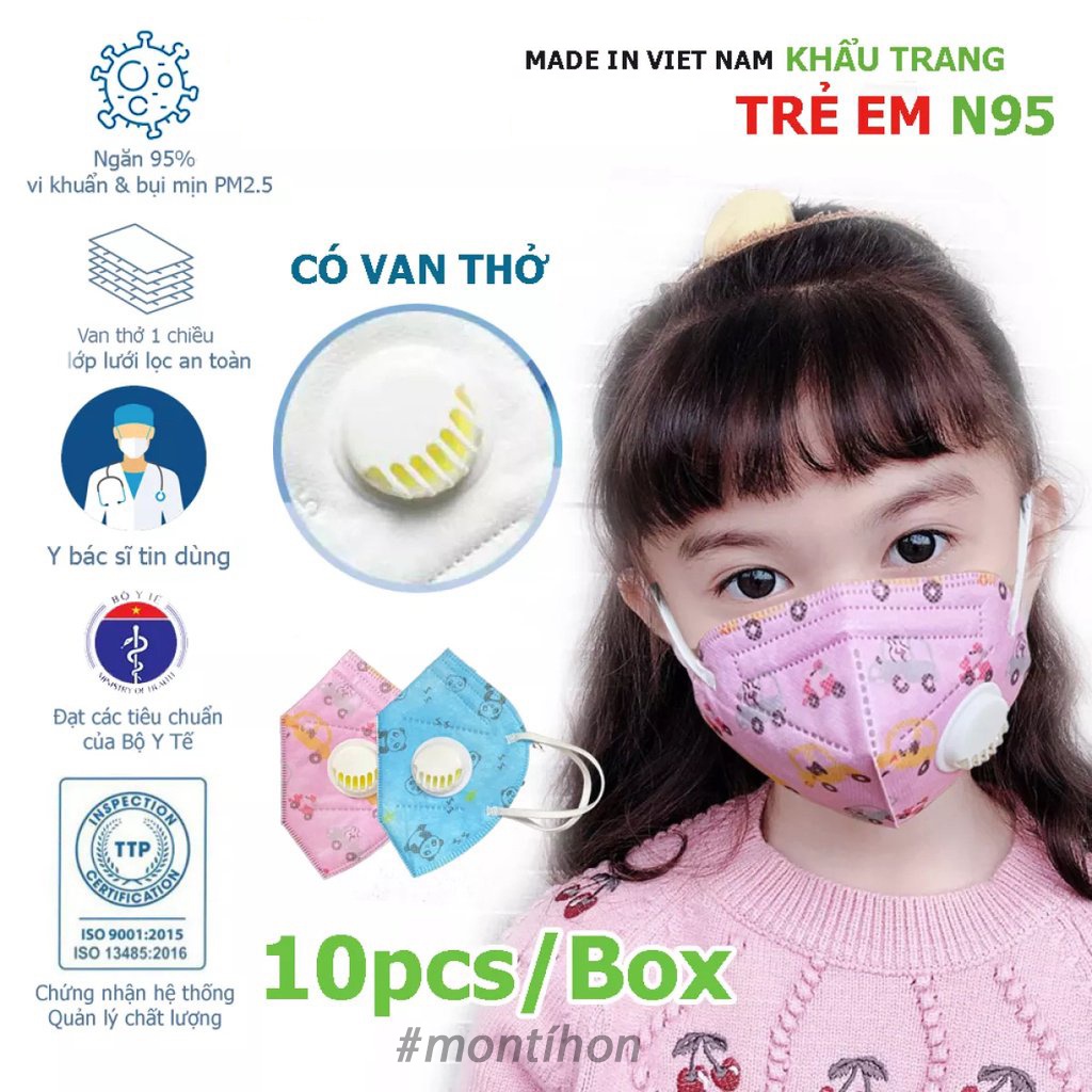 Hộp 10 chiếc Khẩu trang trẻ em N95 có van (4-10 tuổi) - 4 lớp kháng khuẩn [hàng chuyên xuất khẩu]