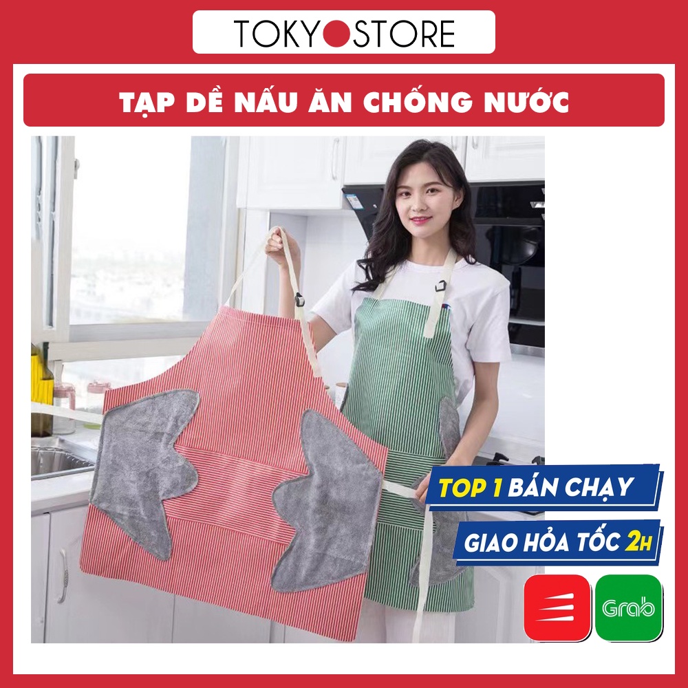 Tạp dề nấu ăn chống nước Họa tiết kẻ hoa Có Túi Đựng Chống Nước Có Khăn Lau Tay Bên Hông Tiện Dụng