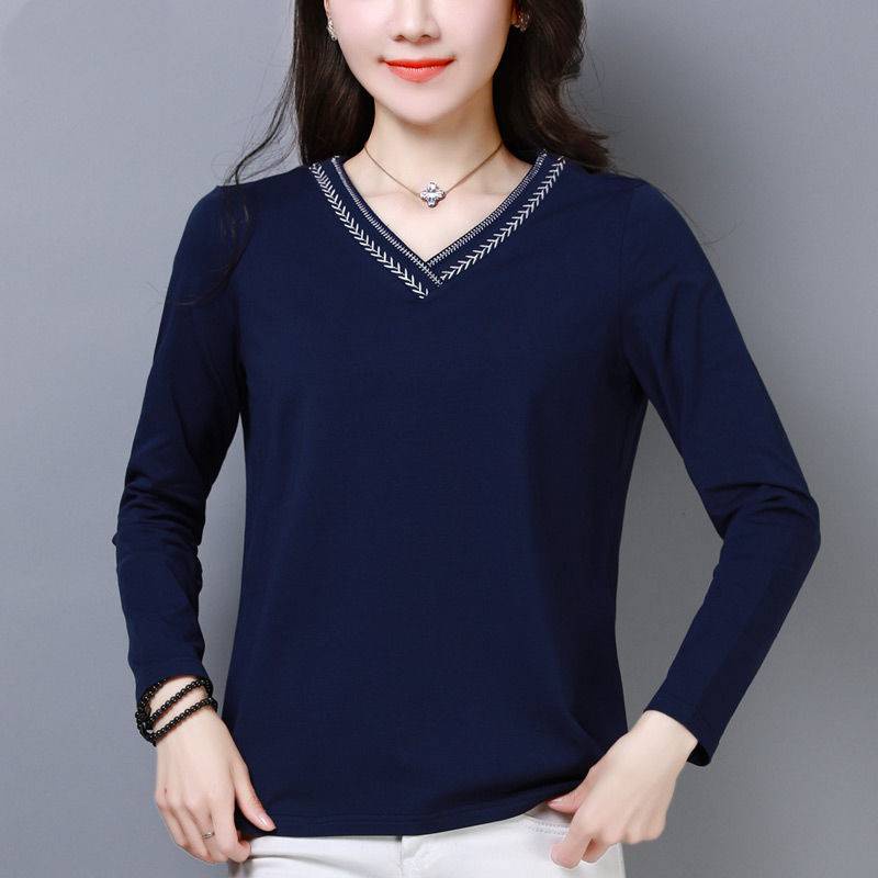 Áo Thun Tay Dài Cổ Chữ V Plus Size Form Rộng Cho Phụ Nữ Trung Niên