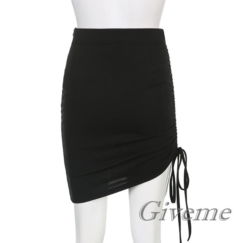 Chân Váy Ngắn Lưng Cao Màu Trơn Phối Dây Rút Thời Trang Cho Nữ