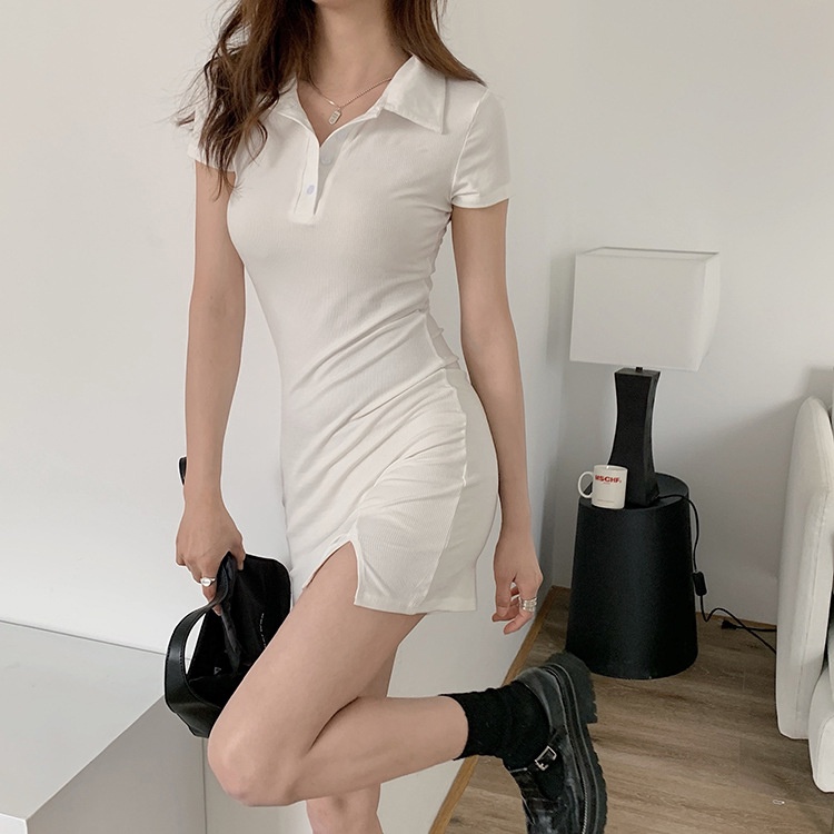 Váy body cổ polo, váy polo nữ đầm ôm body xẻ trước tay ngắn chất thun co giãn phong cách giá rẻ siêu hot trend VAY009