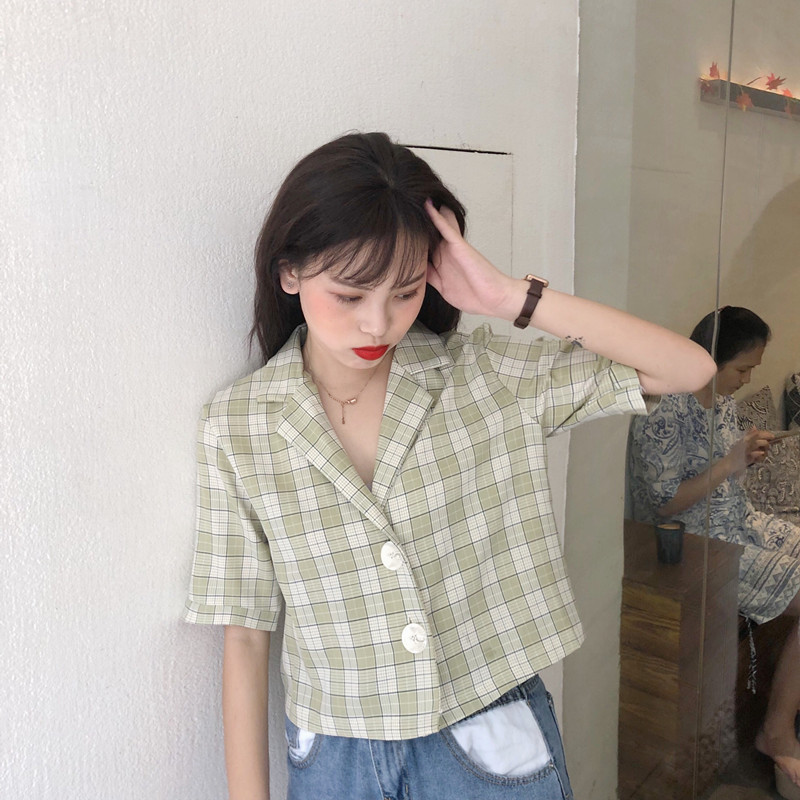 Áo blazer nữ đẹp 2021, Áo kiểu nữ cổ bẻ màu xanh Caro Phối Cúc Sang Chảnh Thời Trang Hàn Quốc | BigBuy360 - bigbuy360.vn