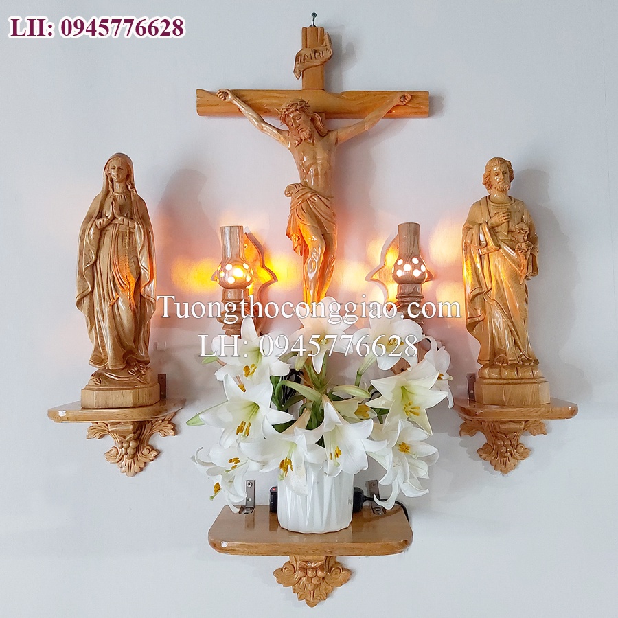 Bàn thờ Chúa bằng gỗ Kệ chùm nho nhỏ bộ tượng gỗ 40cm Thánh Giá 70cm