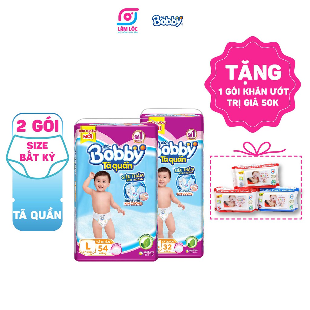 Tã quần, tã dán bobby - Đệm lưng thấm mồ hôi Mega Jumbo đủ size L54/M60/S44/XL48/L68/M76/NB1/NB2(2 bịch tặng 1 khăn ướt)