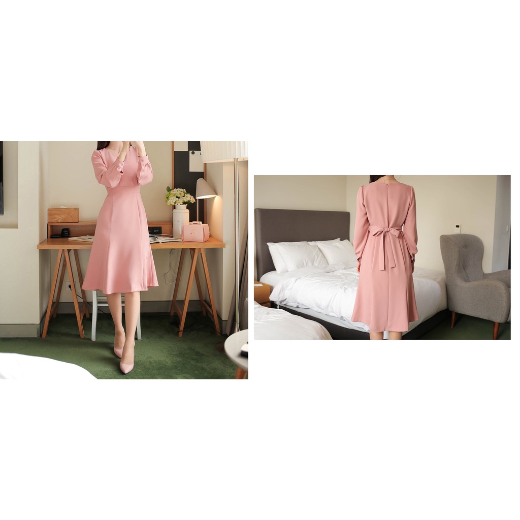 Đầm xòe công sở Quyên Fashion DL171 màu hồng cổ vuông tay phồng kiểu hàn quốc