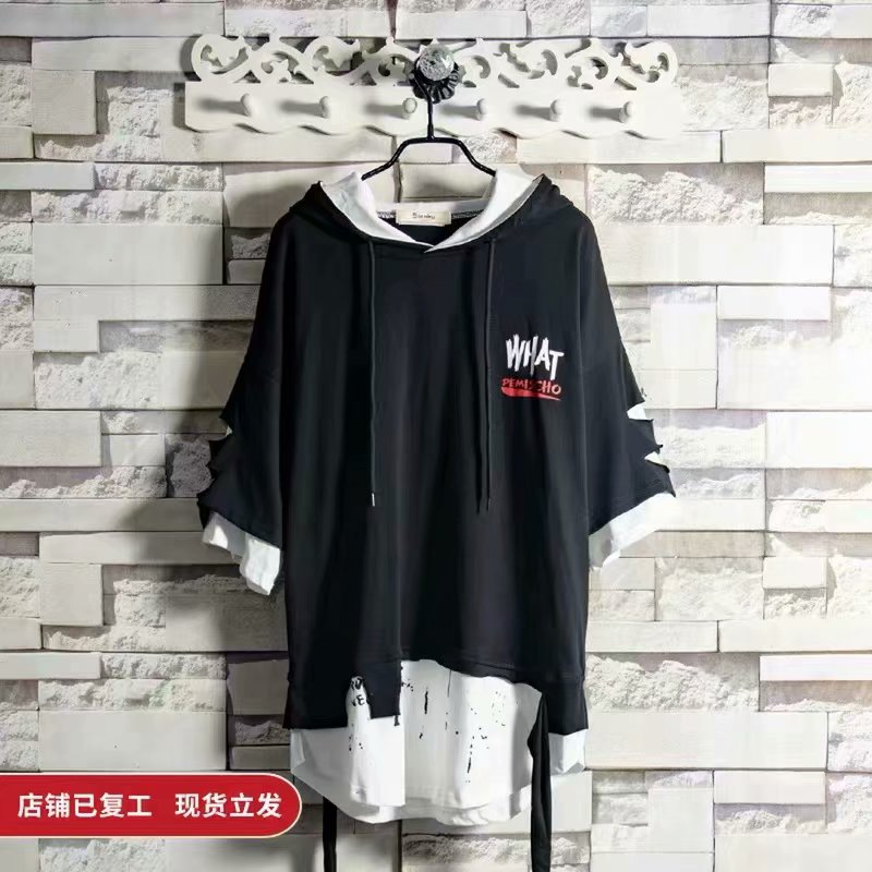 Áo Hoodie Ngắn Tay Dáng Rộng Phối Rách Cá Tính Theo Phong Cách Hip Hop