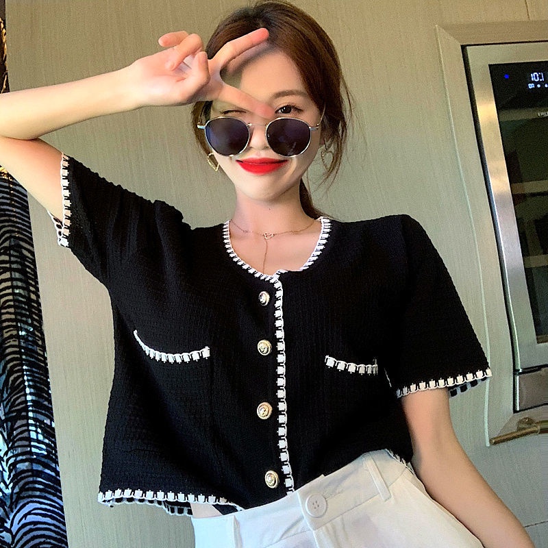 Áo Cardigan Dệt Kim Mỏng Dáng Rộng Tay Ngắn Màu Sắc Tương Phản Thời Trang Mùa Hè Cho Nữ
