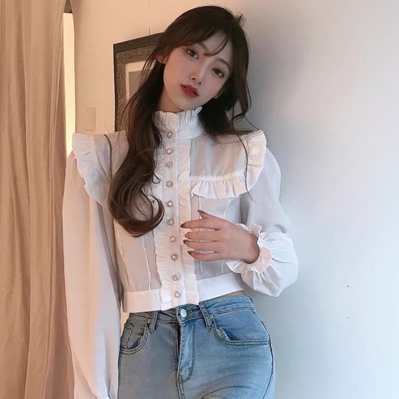 Áo sơ mi croptop thô cổ cao • 2ENDSHOP