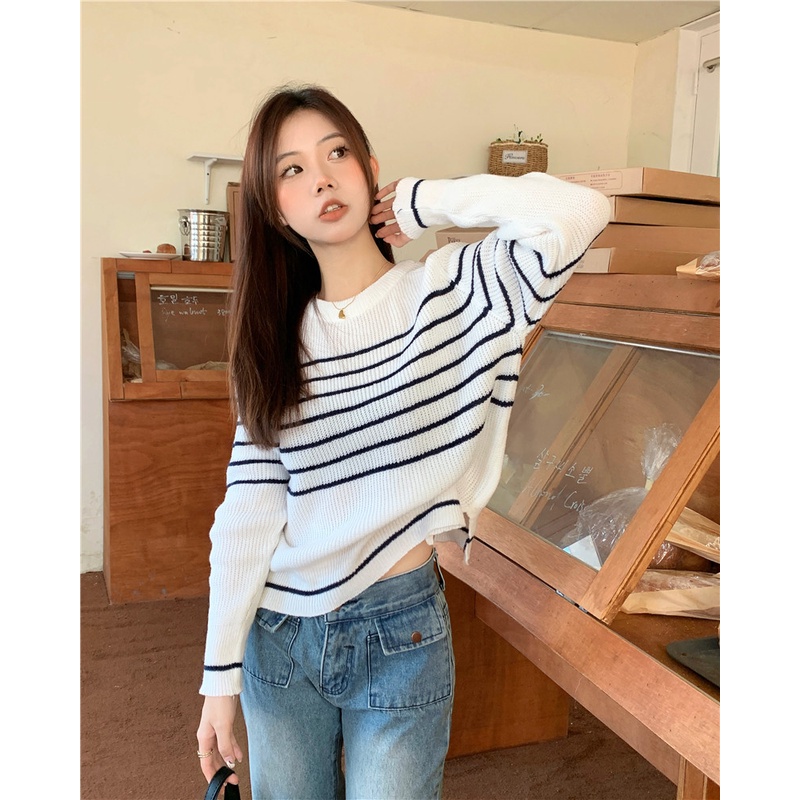 Porozi  Áo Sweater Dệt Kim Tay Dài Cổ Tròn Kẻ Sọc Kiểu Hàn Quốc Xinh Xắn Cho Nữ
