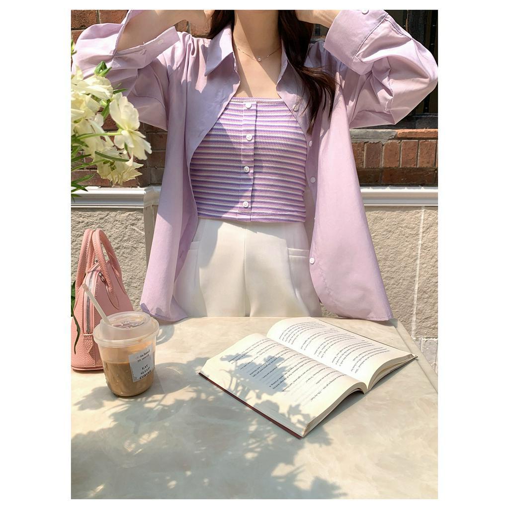 Set Áo Hai Dây Họa Tiết Kẻ Sọc + Áo Sơ Mi Màu Trơn Chống Nắng Thời Trang Xuân Hè Hàng Mới 64058