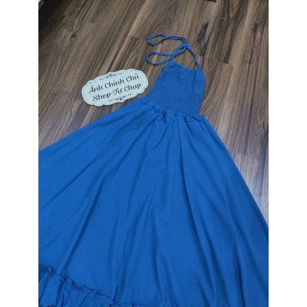 Đầm đũi maxi xoè nhún ngực chân bèo hở lưng Xanh Vàng váy đi chơi du lịch đi biển hotgirl tk đơn giản dịu dàng sexy
