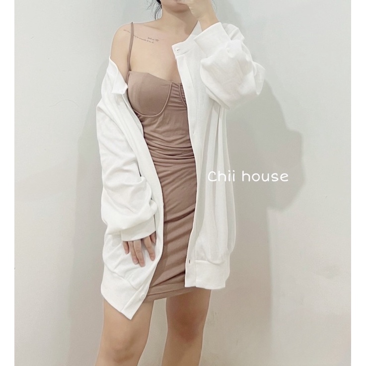 SET ĐẦM NUDE 2 DÂY CÚP NGỰC + KHOÁC CARDIGAN