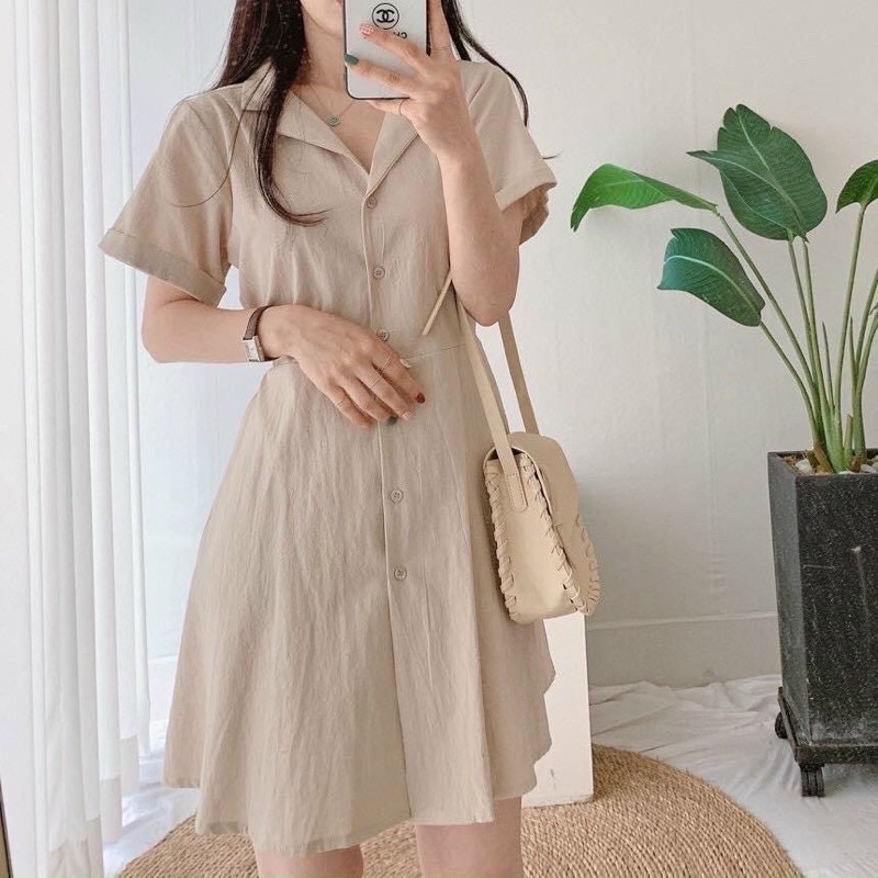 Đầm váy sơ mi kem nhạt thắt eo đi làm đi chơi