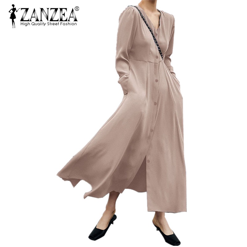 Đầm dài ZANZEA túi hông dài tay cổ V cài cúc phía trước