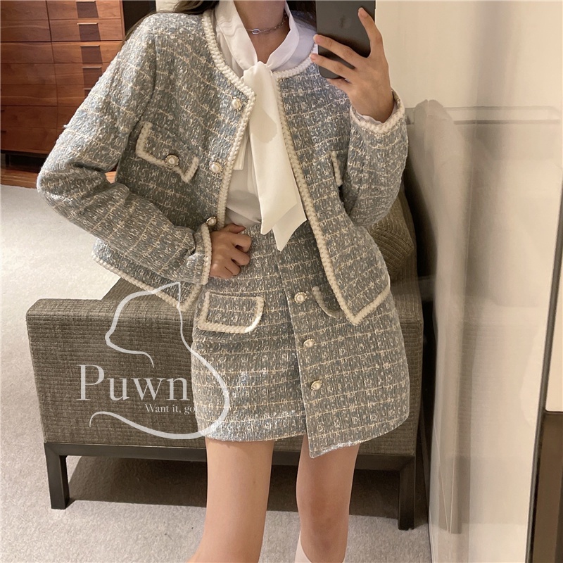 Set váy dạ tiểu thư thanh lịch áo vest kết hợp chân váy xéo Puwn Shop