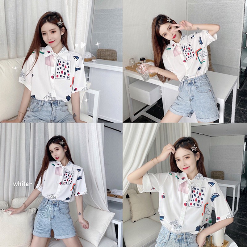 LEEVA - Áo sơ mi họa tiết nữ dáng rộng phong cách Hàn Quốc: Trắng bi