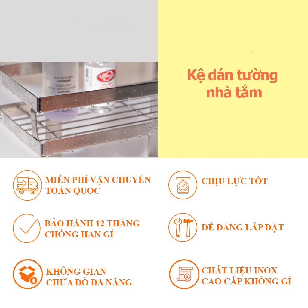 Kệ dán tường nhà tắm đa năng 3 tầng  Foodcom chất liệu inox cao cấp không han gỉ có keo 3M chắc chắn không khoan đục