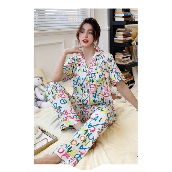 Pijama tay ngắn quần dài cổ áo sơ mi lụa satin cao cấp quảng châu