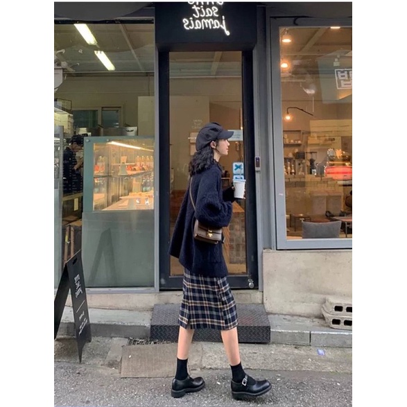 BIGSIZE!!! Set áo cadigan len và chân váy kẻ caro order
