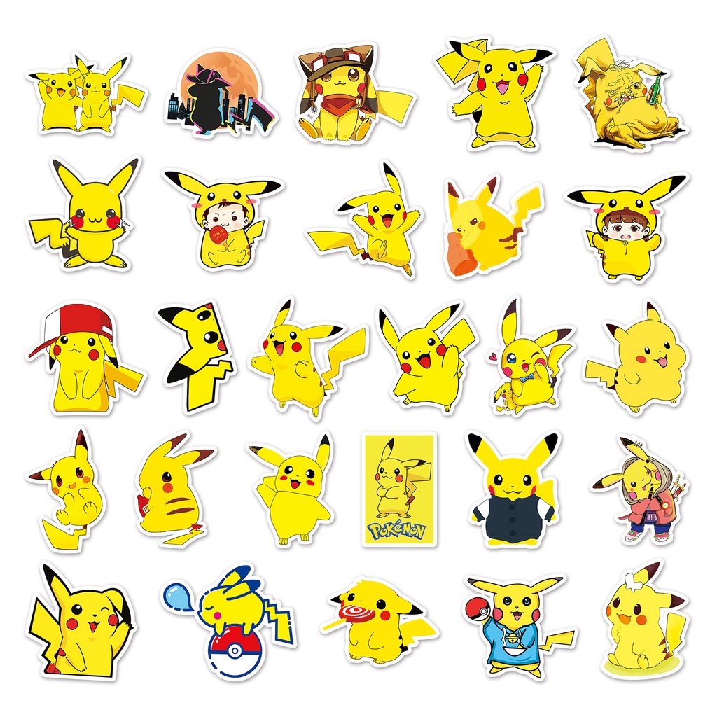 Combo 30 Sticker Chống Nước Decal Dán Điện Thoại Laptop Mũ Bảo Hiểm Vali Guitar Bình Nước Sổ Tay [Pikachu]