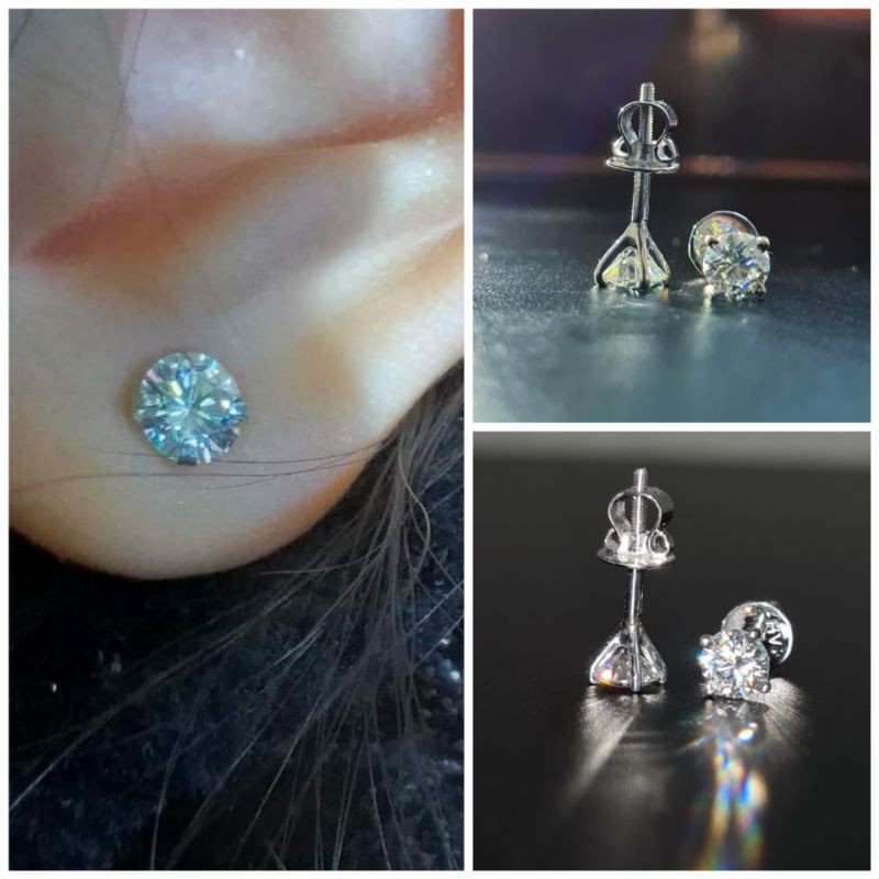 Bông tai ren vặn, vàng trắng, Moissanite. ĐẸP MÊ LI Kim cương nhân tạo Moissanite Mỹ, Hàng chính hãng SÁNG ĐẸP VĨNH VIỄN